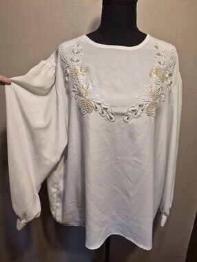 Vintage Sheridan Square Off White Emroidered Sequence long Sleeve Blouse Top 24W